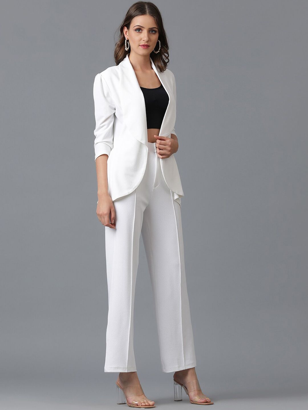 Kotty White Shawl Neck Coat With Trousers