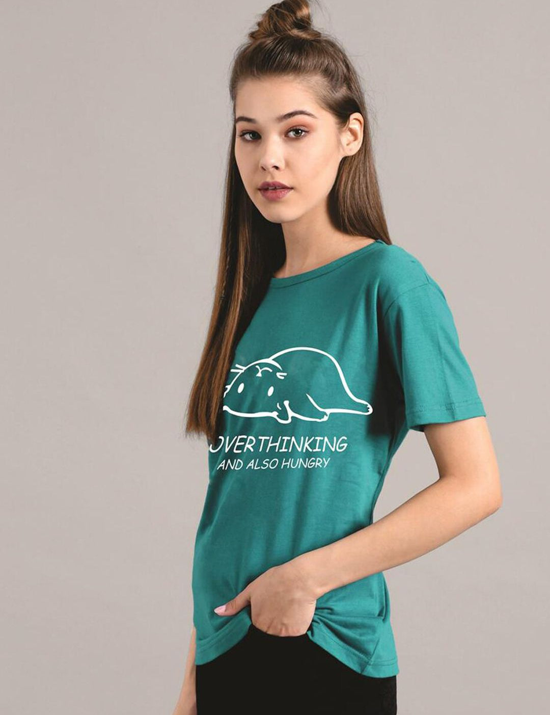 Kotty Women Green Printed Round Neck T-shirt