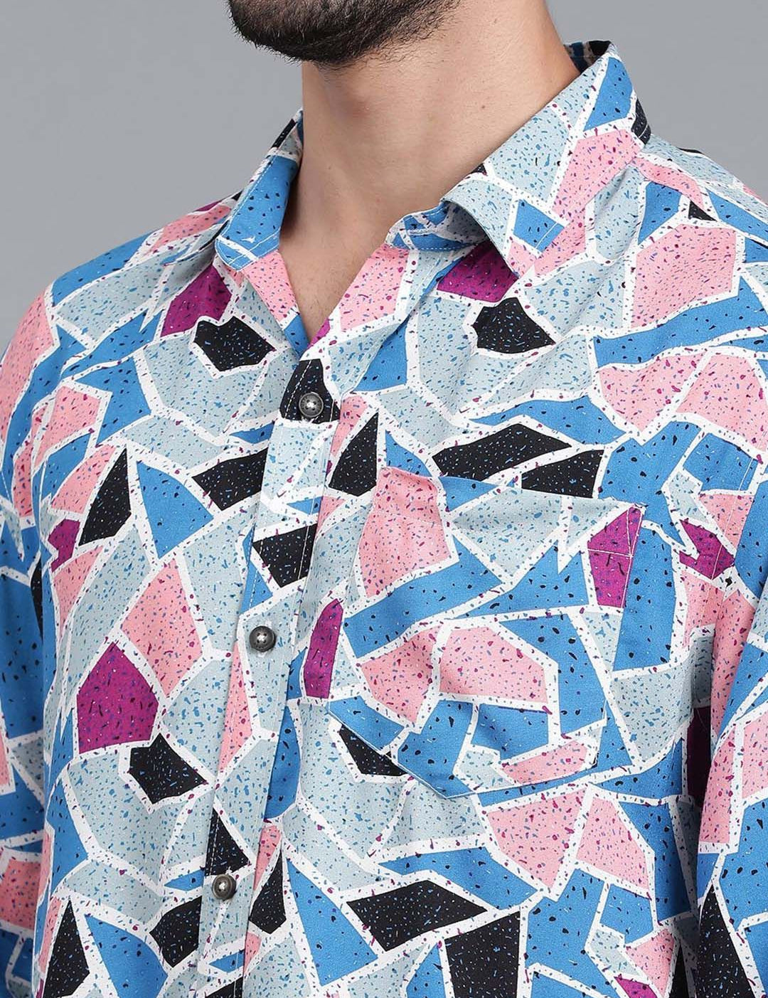 Kotty Blue & Pink New Geometric Printed Spread Collar Casual Shirt
