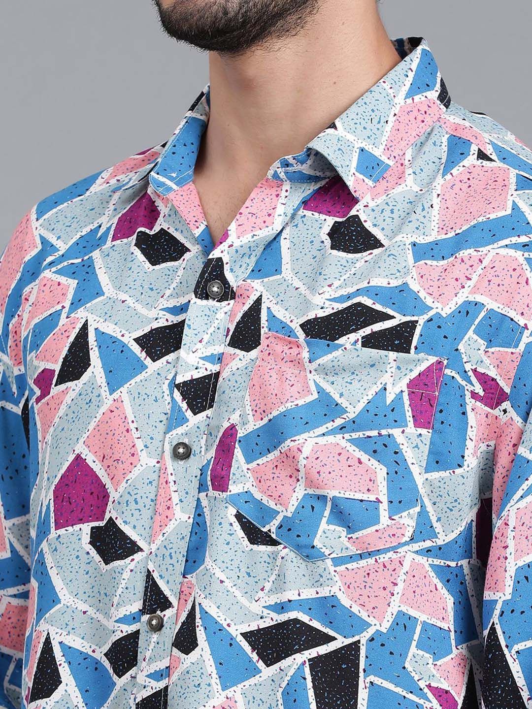 Kotty Blue & Pink New Geometric Printed Spread Collar Casual Shirt