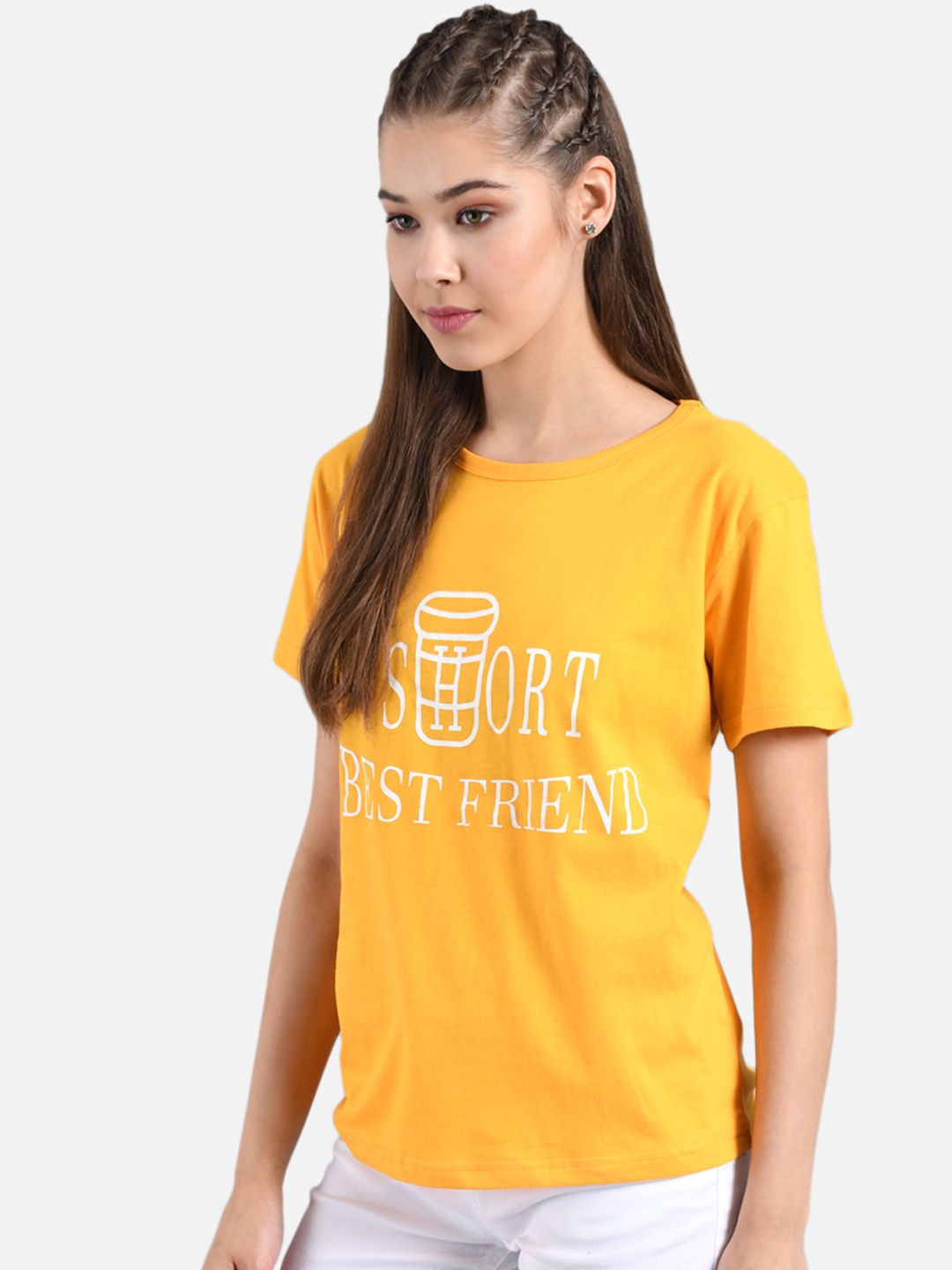 Kotty Women Yellow Printed Round Neck T-shirt
