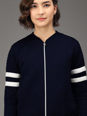 Kotty Women Navy Blue Striped Lightweight Crop Tailored Jacket