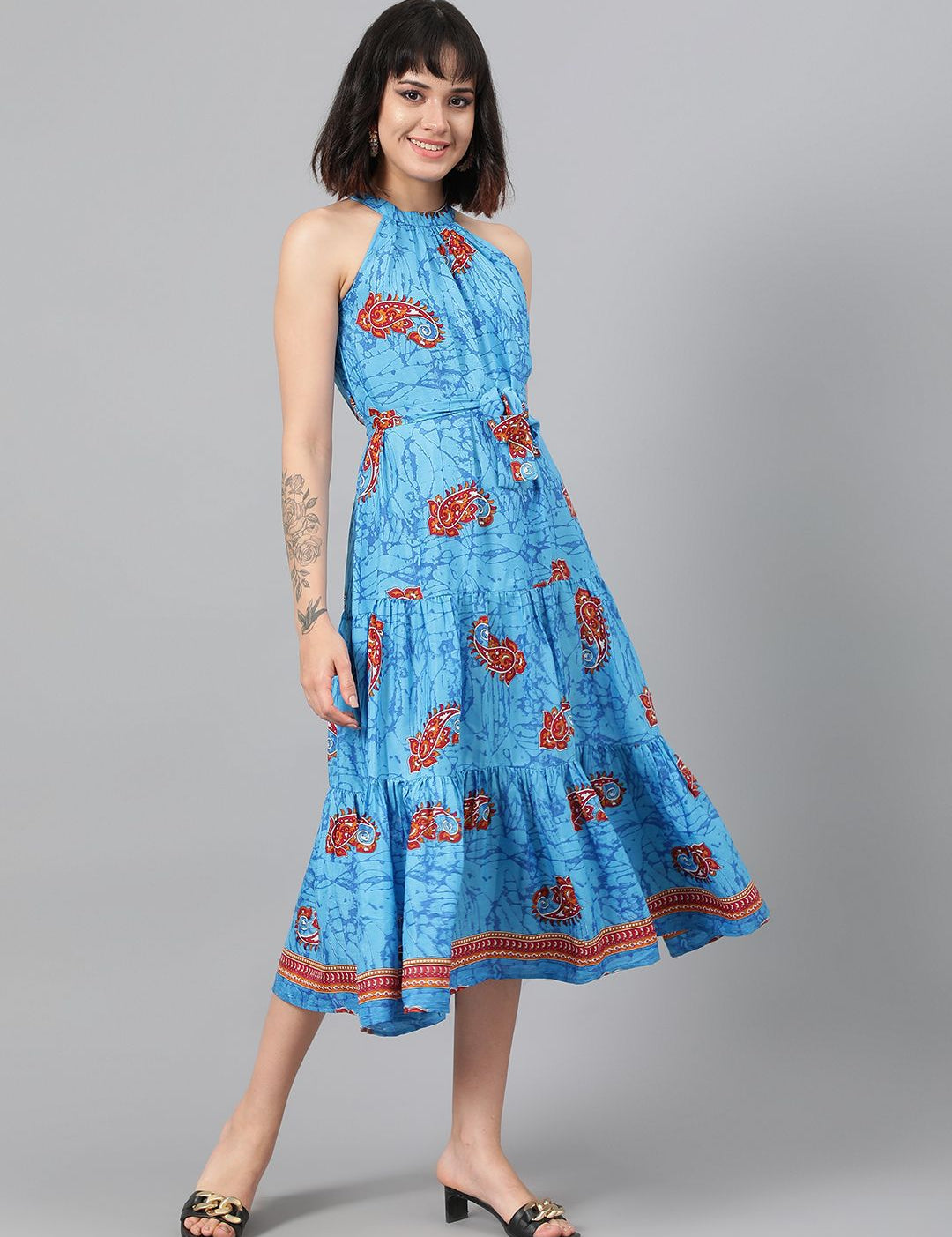 Kotty  Ethnic Motifs Printed Halter Neck Layered Crepe Fit & Flare Midi Dress