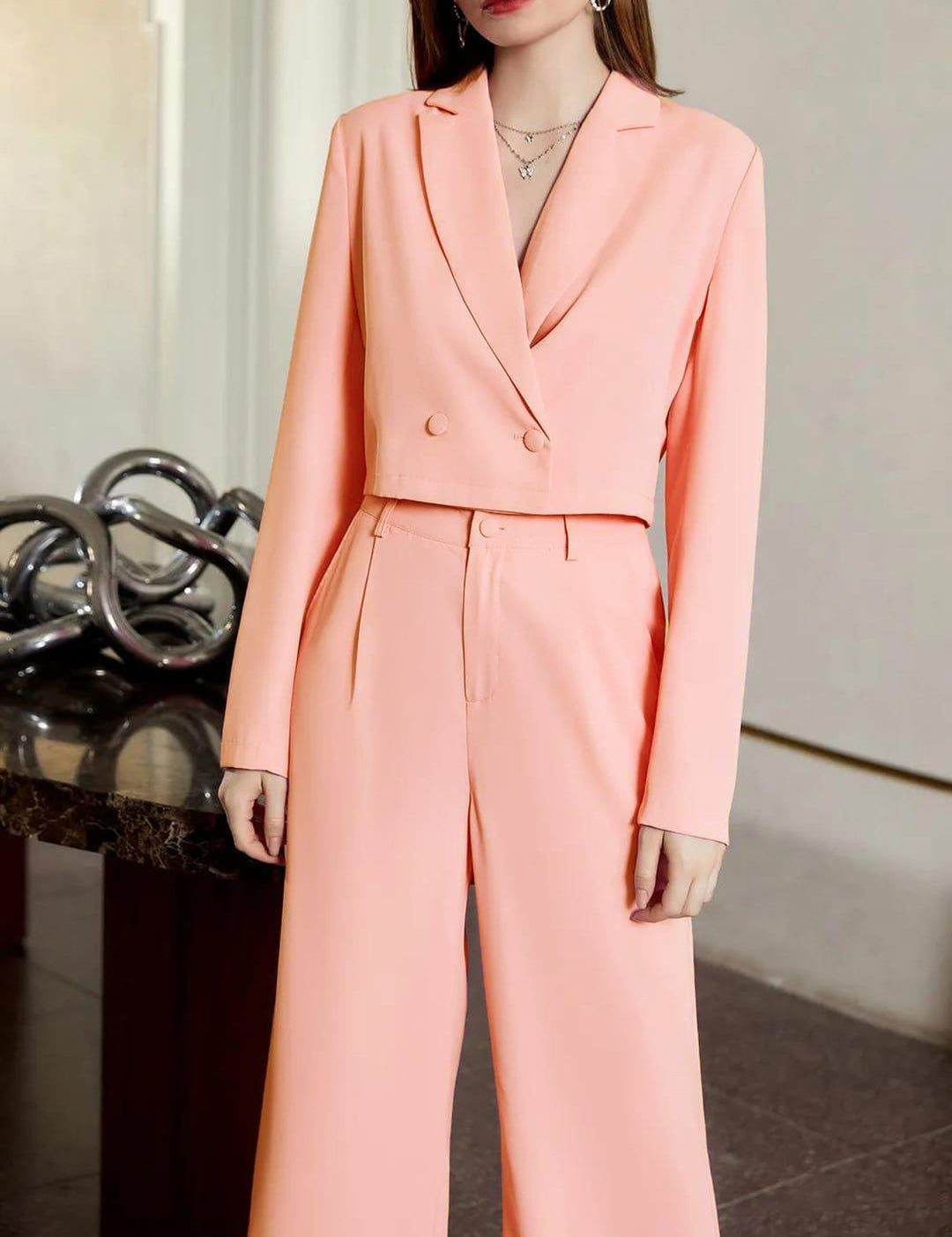 KOTTY BIZwear Peach Shawl Collar Double Breasted Blazer & Trousers