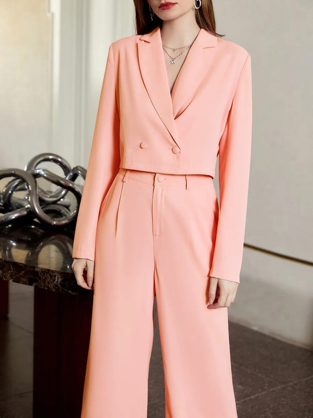 KOTTY BIZwear Peach Shawl Collar Double Breasted Blazer & Trousers