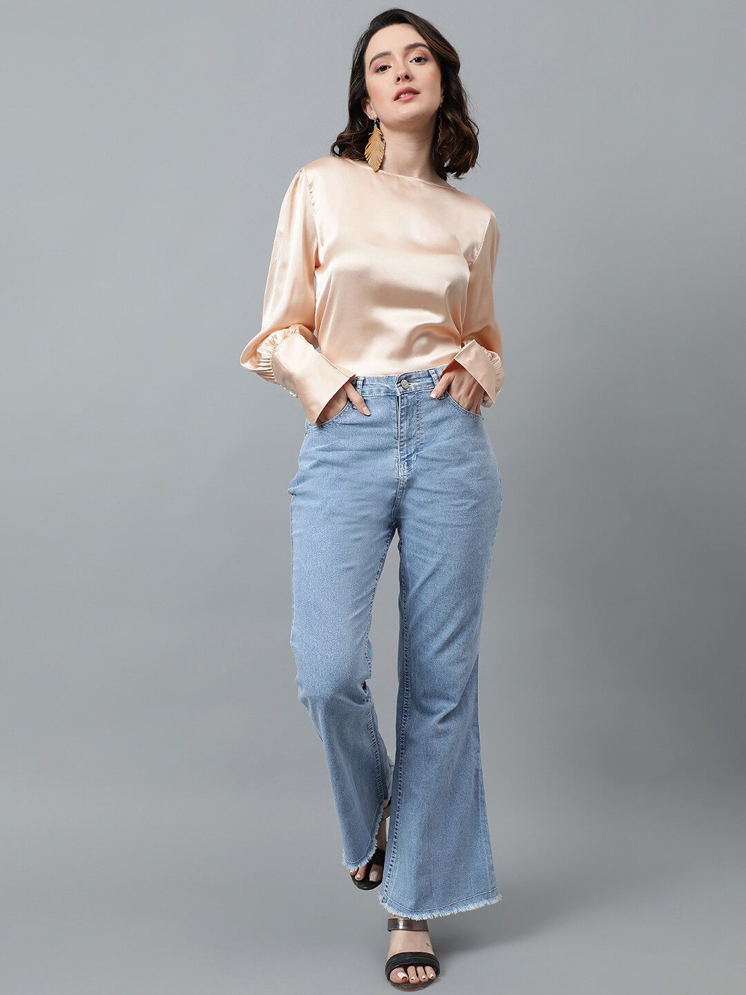 KOTTY BIZwear Beige Cuffed Sleeve Satin Top