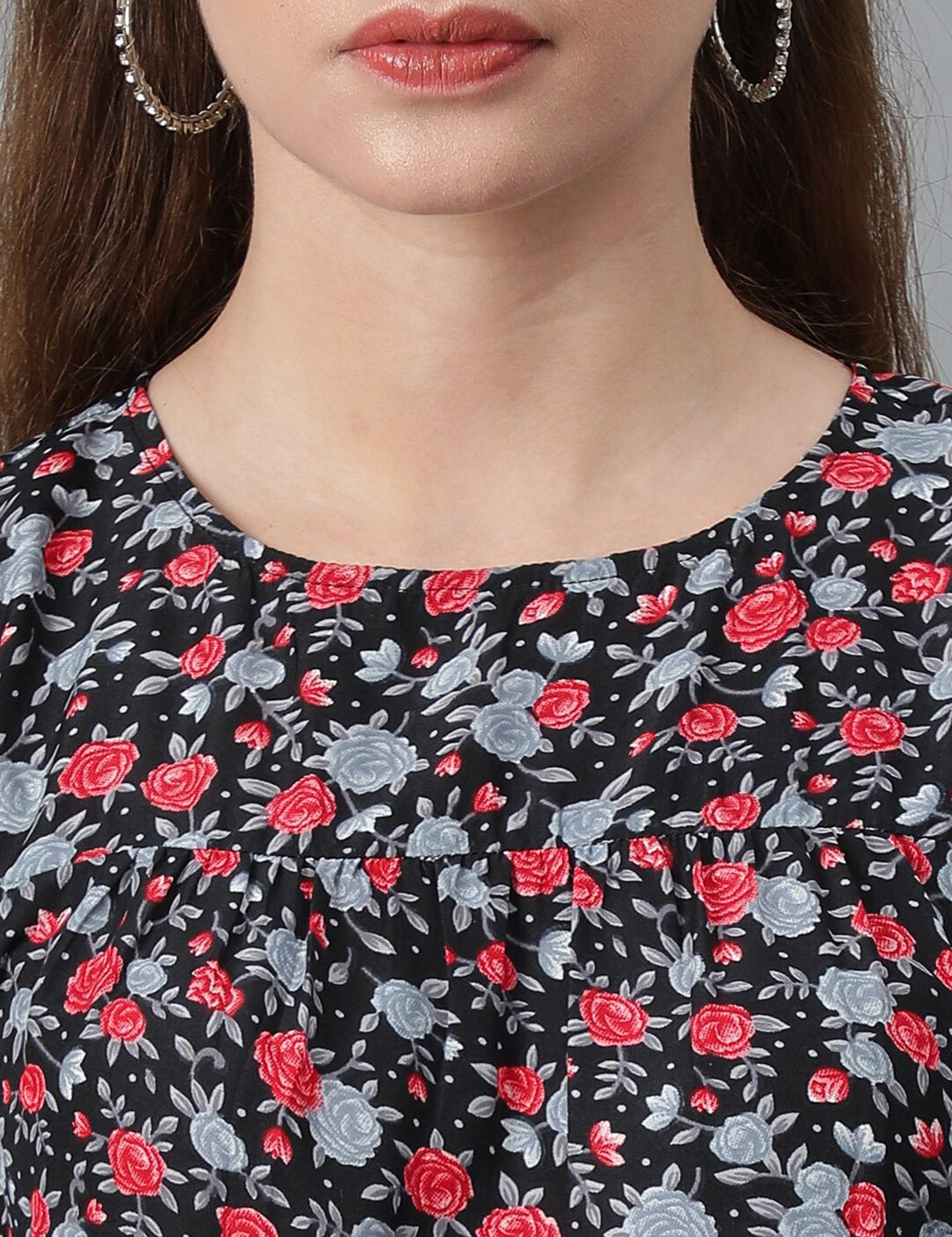 Kotty Black & Red Floral Printed Flared Sleeves Crepe Gathered Fit & Flare Dress