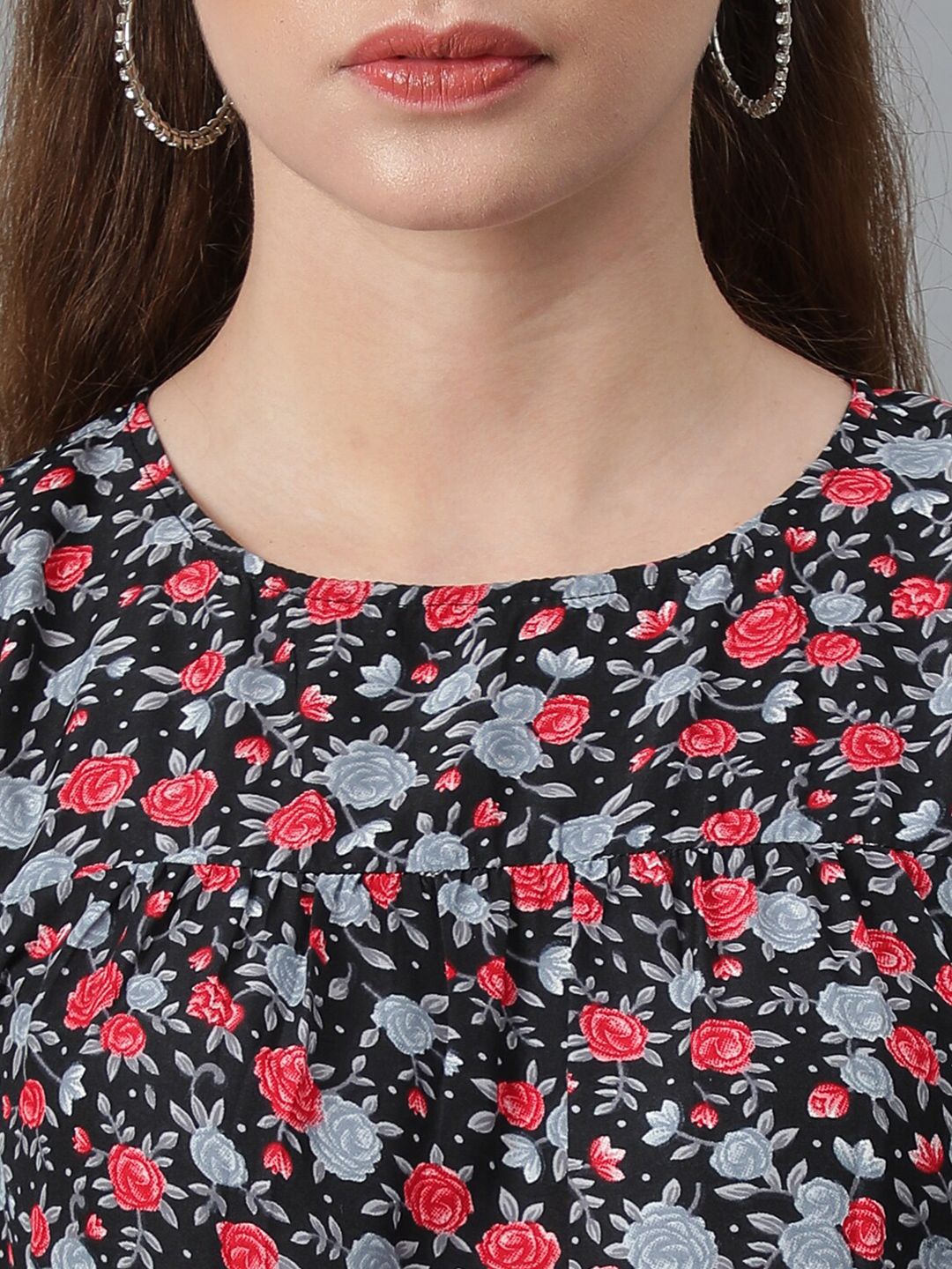 Kotty Black & Red Floral Printed Flared Sleeves Crepe Gathered Fit & Flare Dress