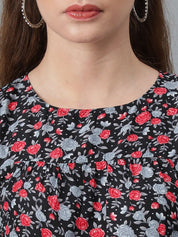 Kotty Black & Red Floral Printed Flared Sleeves Crepe Gathered Fit & Flare Dress