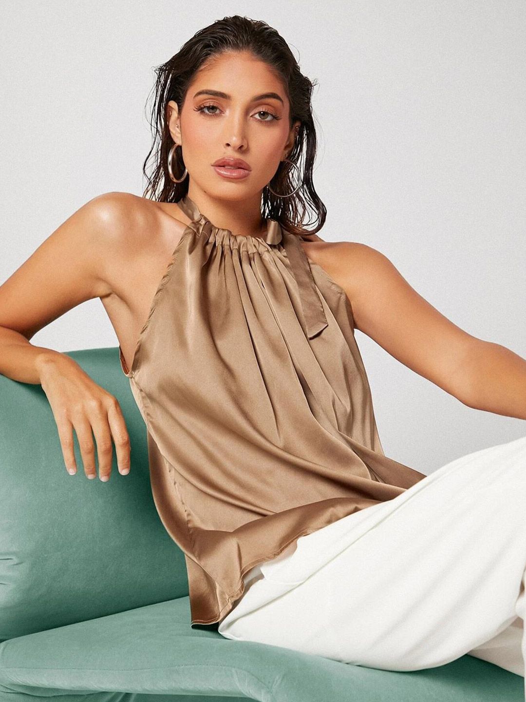 Kotty Brown Tie-Up Neck Sleeveless Satin Top