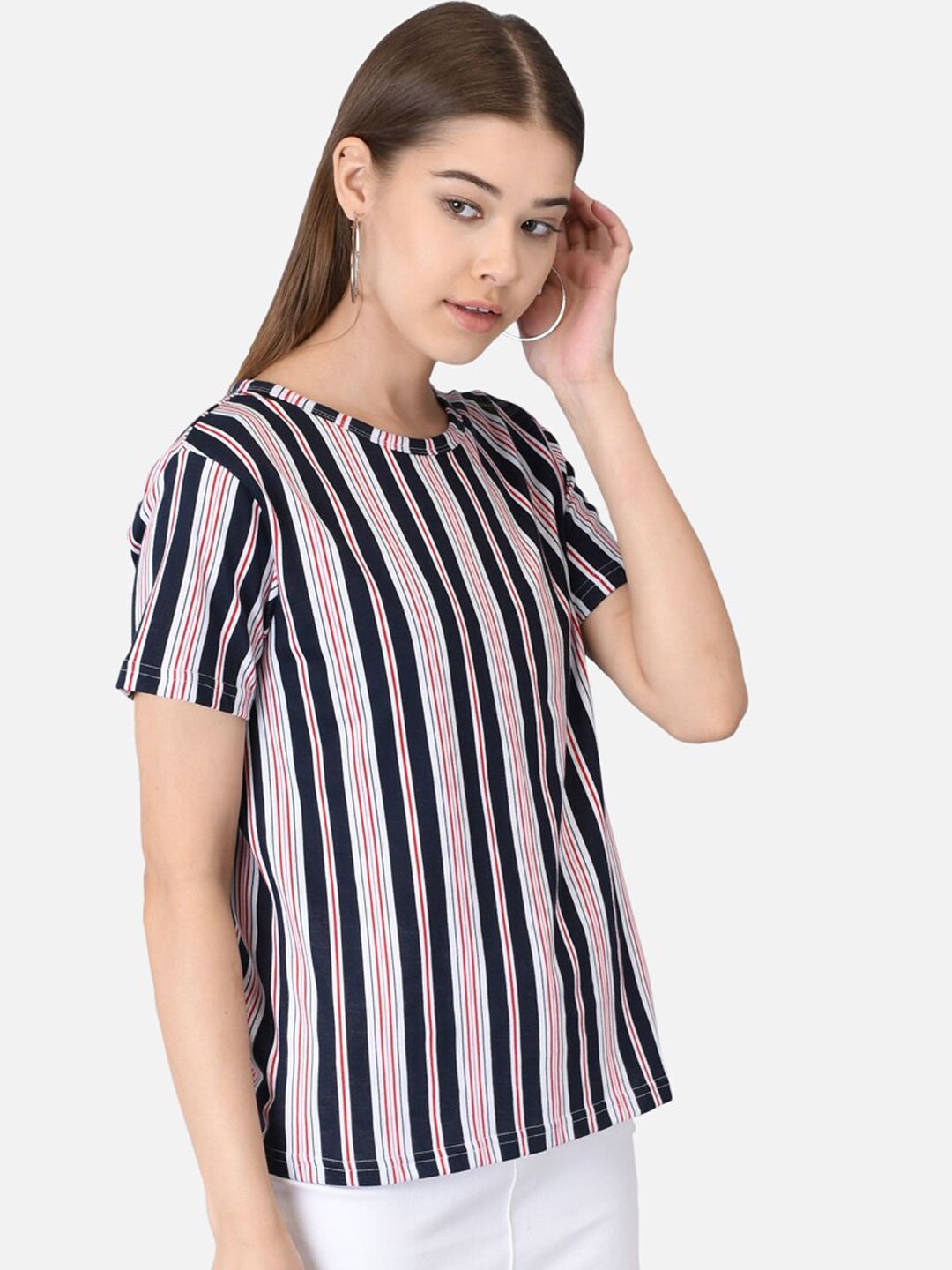 Kotty Women Blue Striped Round Neck T-shirt