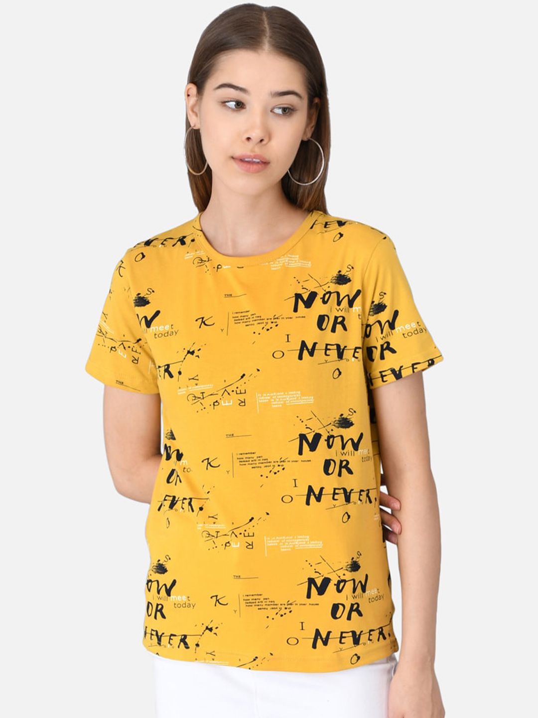 Kotty Women Mustard Yellow & Black Printed T-shirt