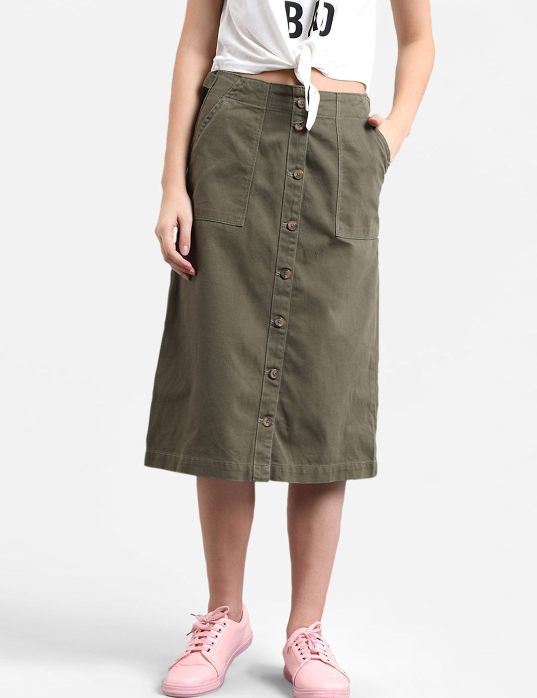 Kotty Women Olive Green Solid Denim Midi A-Line Skirt