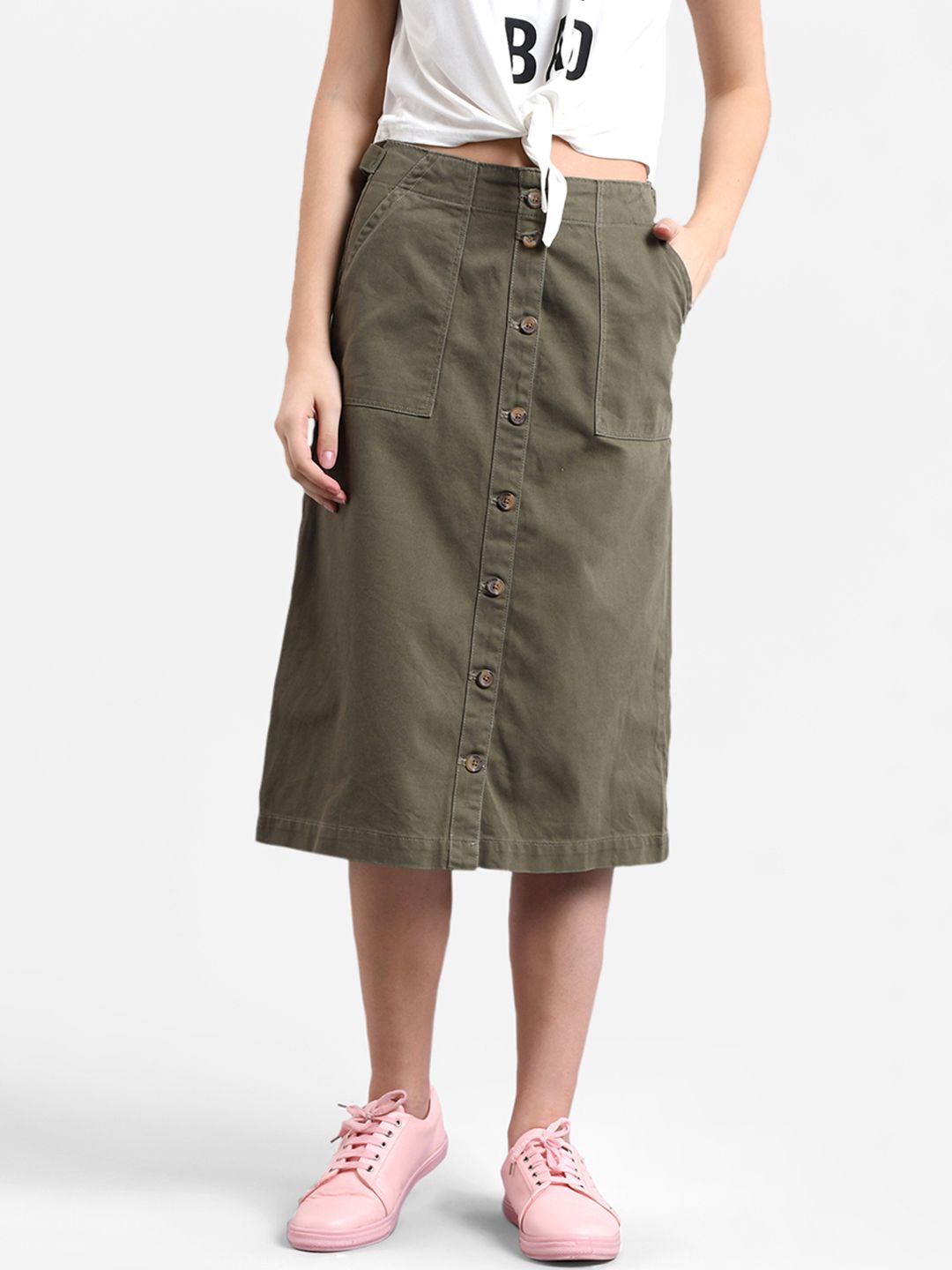 Kotty Women Olive Green Solid Denim Midi A-Line Skirt