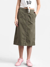 Kotty Women Olive Green Solid Denim Midi A-Line Skirt