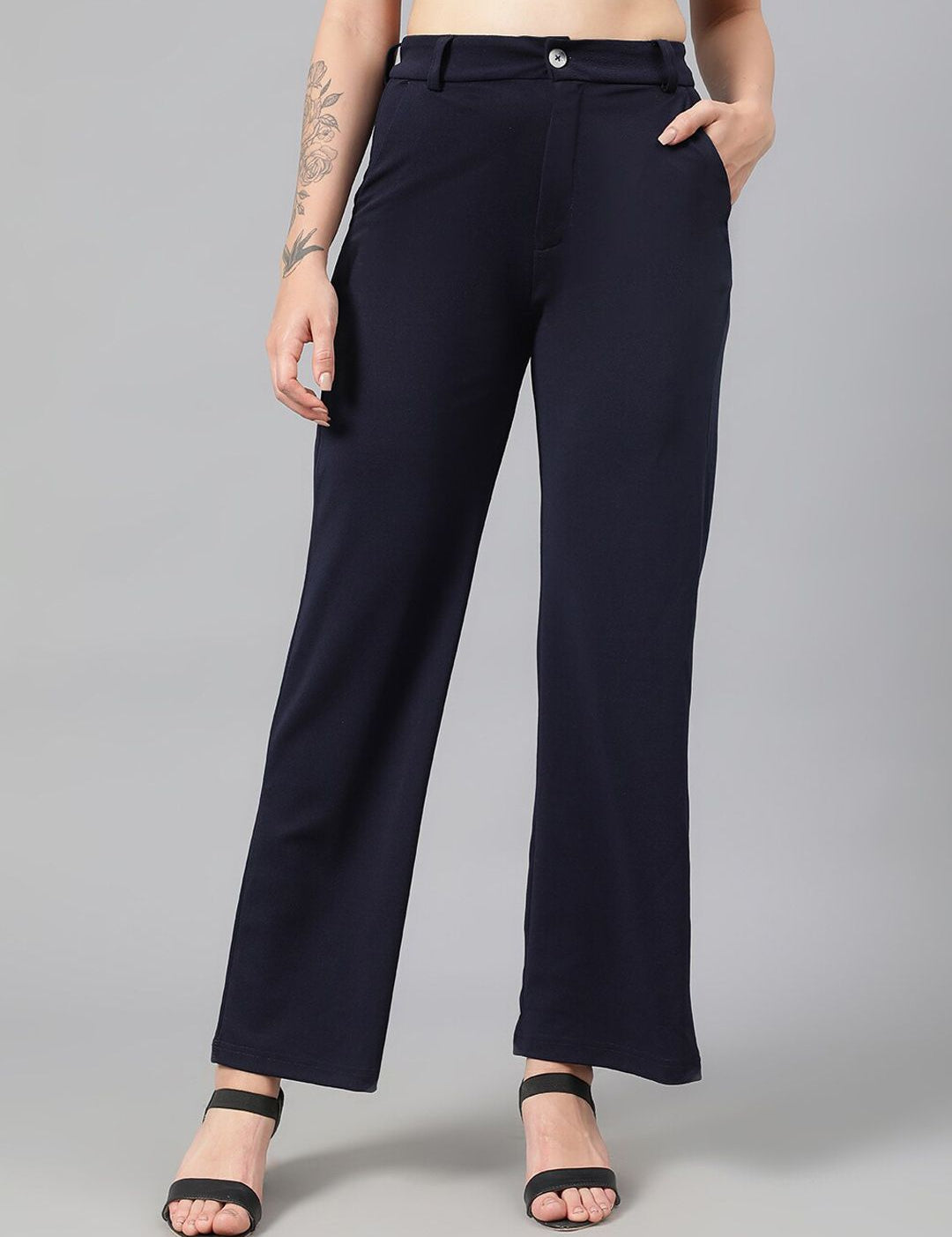 KOTTY BIZwear Women Navy Blue Relaxed Straight Leg Fit High-Rise Easy Wash Parallel Trousers