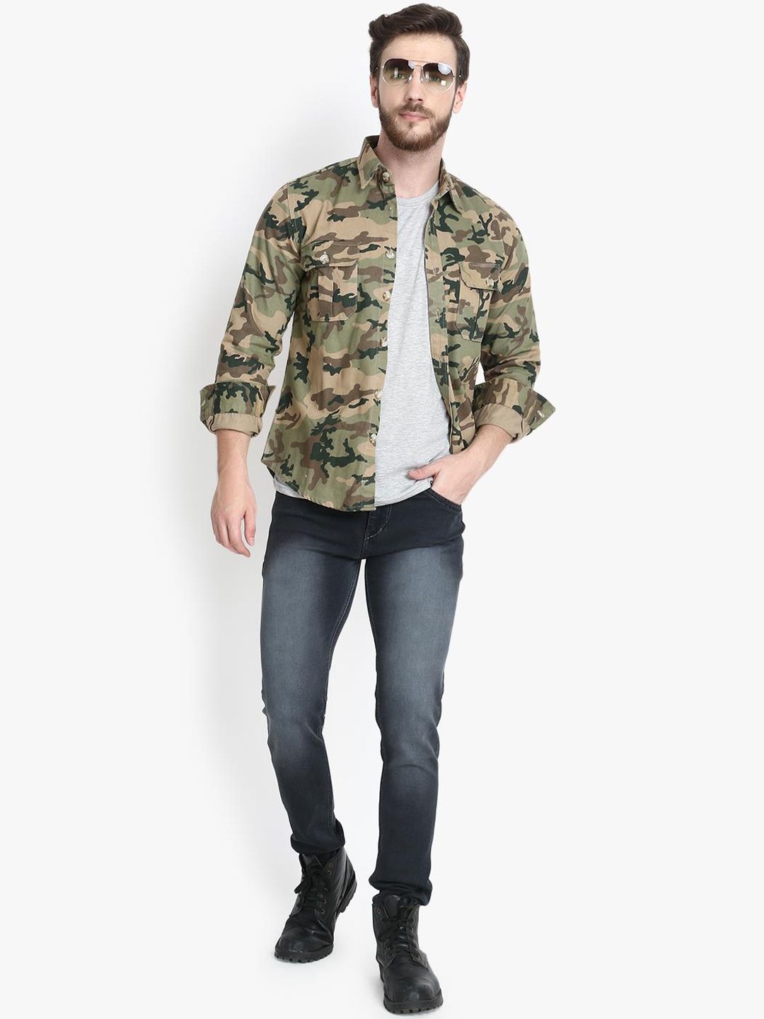 Kotty Men Olive Green Regular Fit Printed Casual Shirt