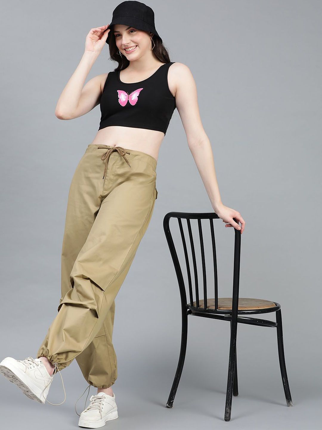 Kotty Women Brown High-Rise Easy Wash Cotton Cargos Trousers