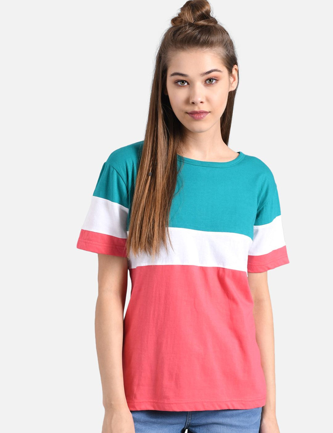 Kotty Women Teal Blue & Coral Pink Colourblocked Round Neck T-shirt