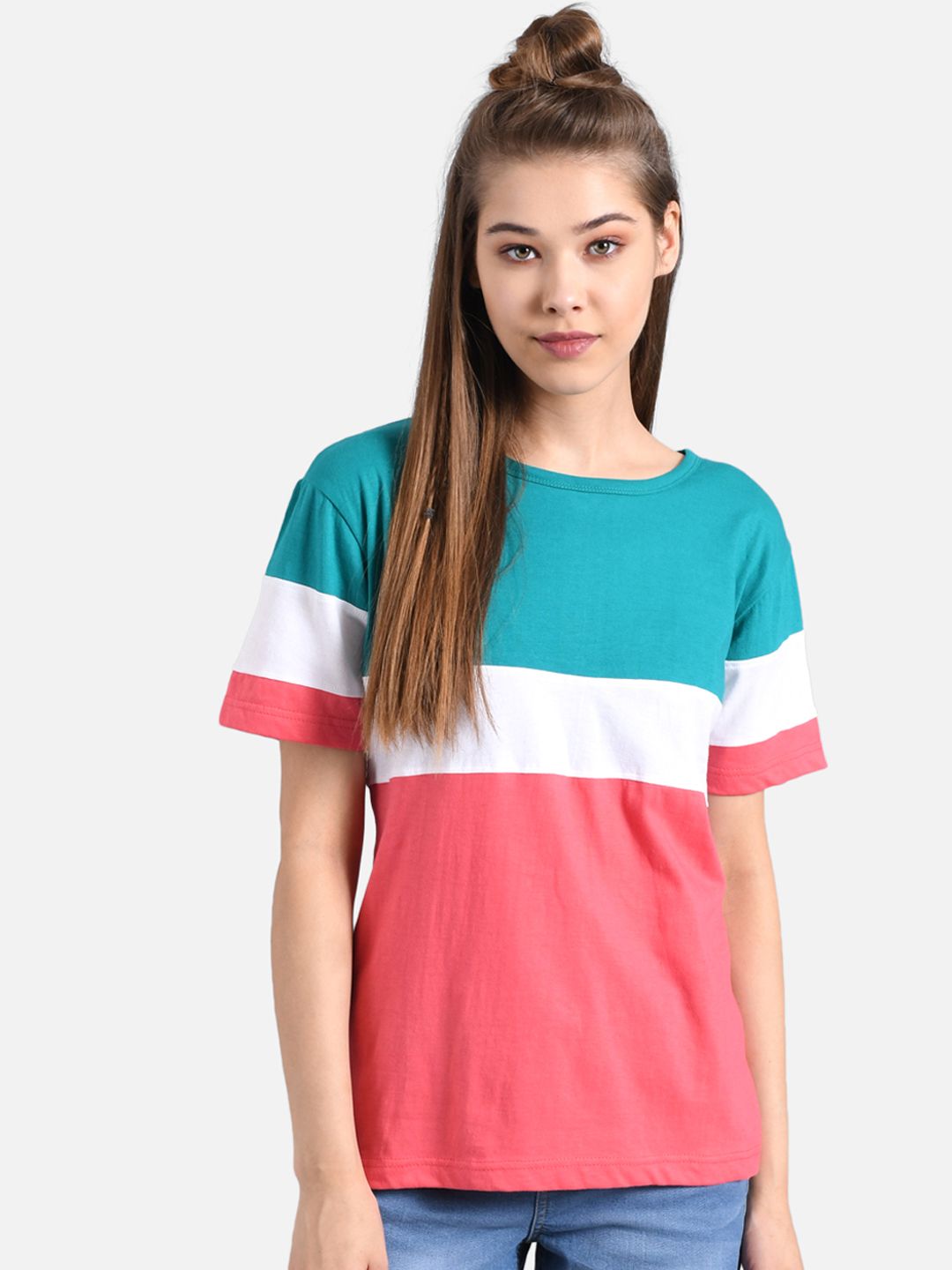 Kotty Women Teal Blue & Coral Pink Colourblocked Round Neck T-shirt