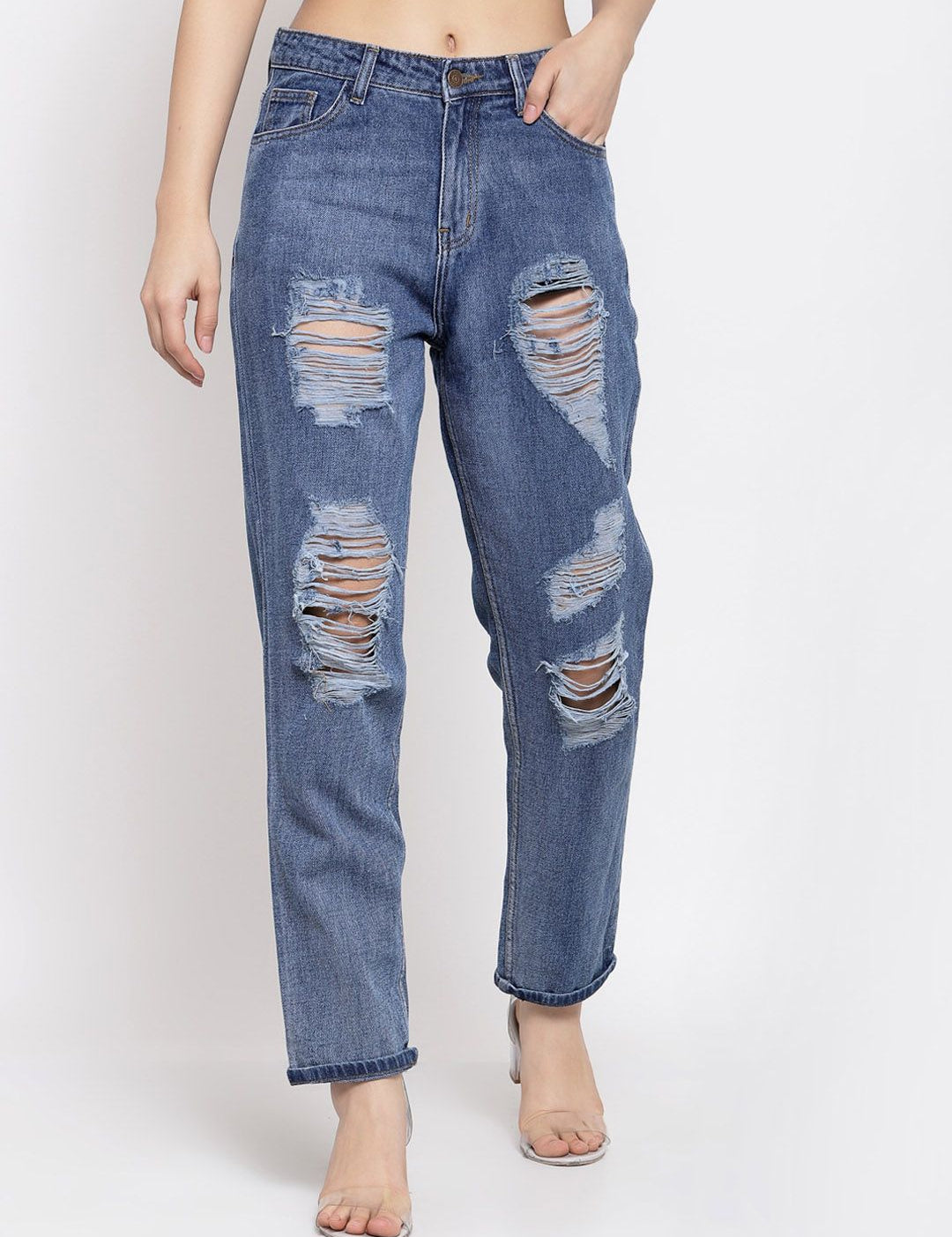 Kotty Women Blue Boyfriend Fit High-Rise Highly Distressed Light Fade Jeans