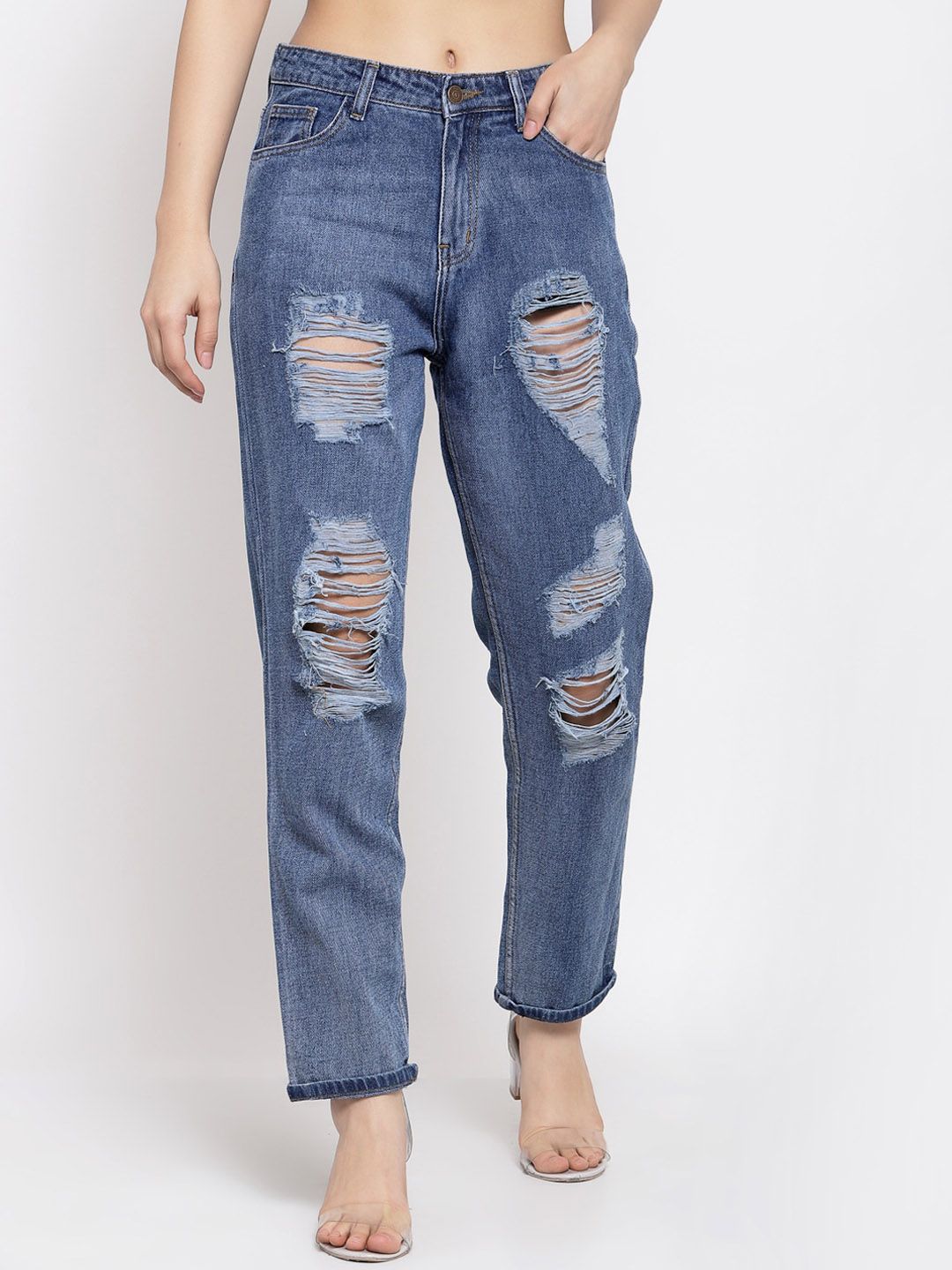 Kotty Women Blue Boyfriend Fit High-Rise Highly Distressed Light Fade Jeans