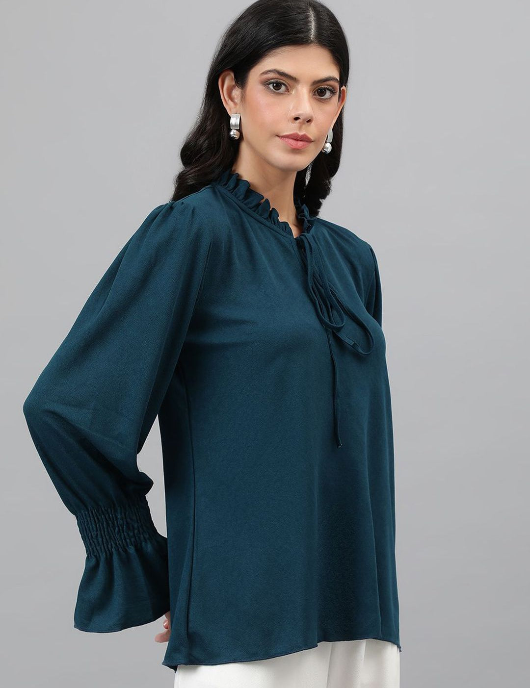KOTTY BIZwear Tie-Up Neck Bell Sleeve Solid Top