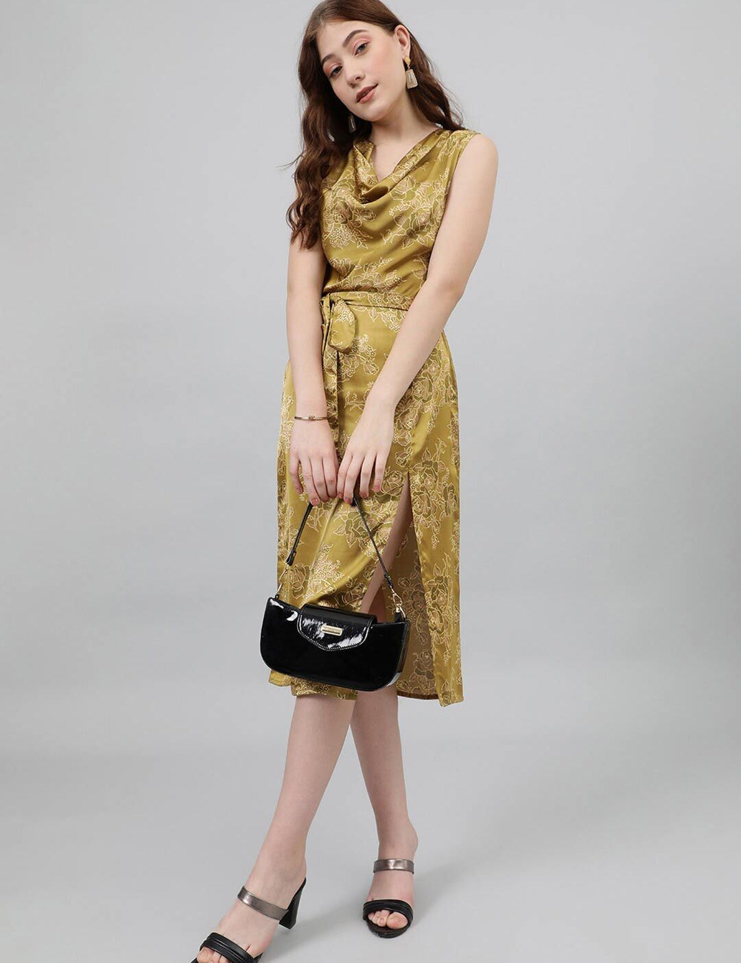 Kotty Green & White Floral Printed Cowl Neck Satin Sheath Midi Dress