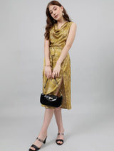 Kotty Green & White Floral Printed Cowl Neck Satin Sheath Midi Dress