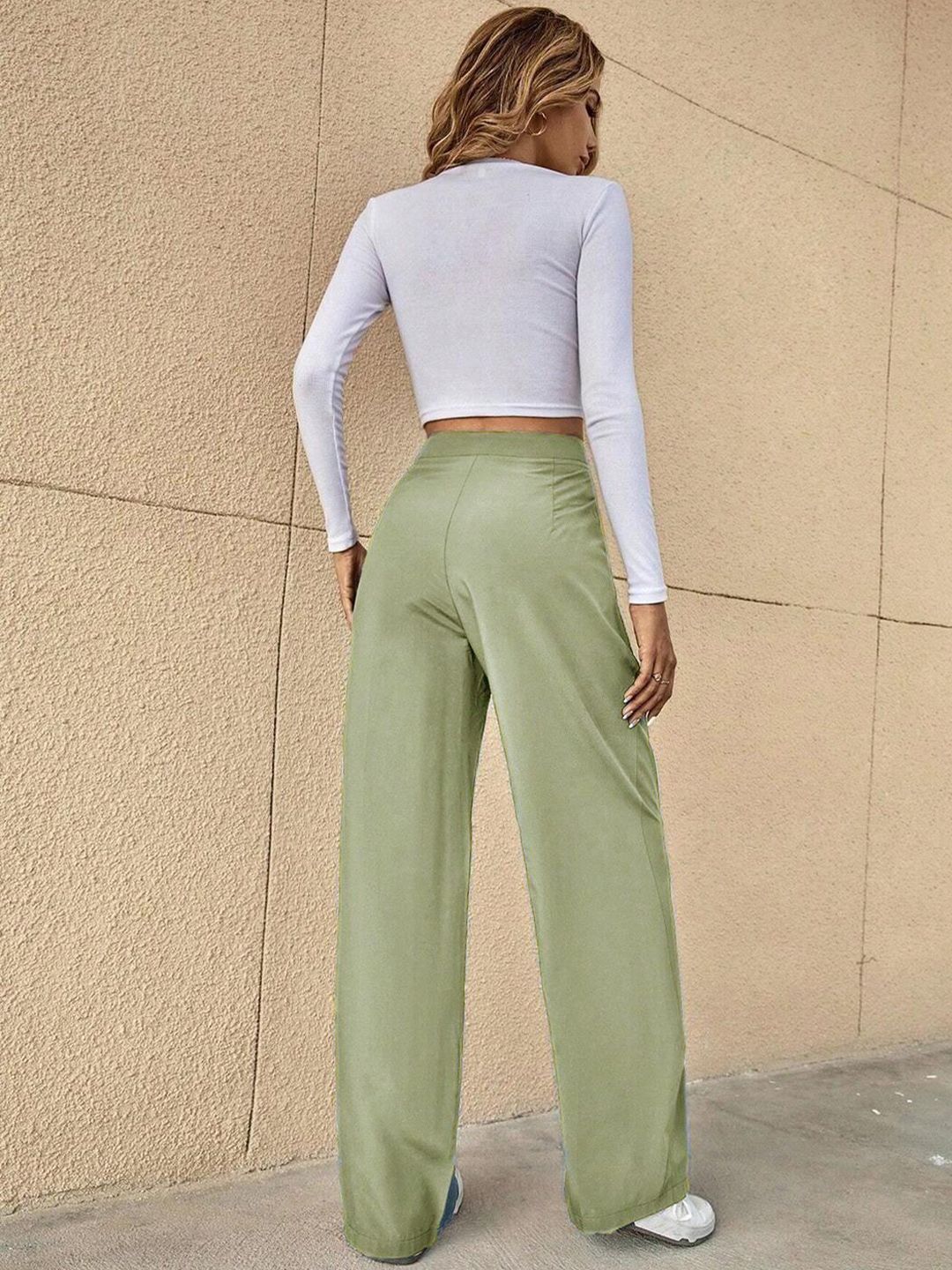 Kotty Green Women Relaxed Straight Leg High-Rise Easy Wash Pleated Parallel Trousers