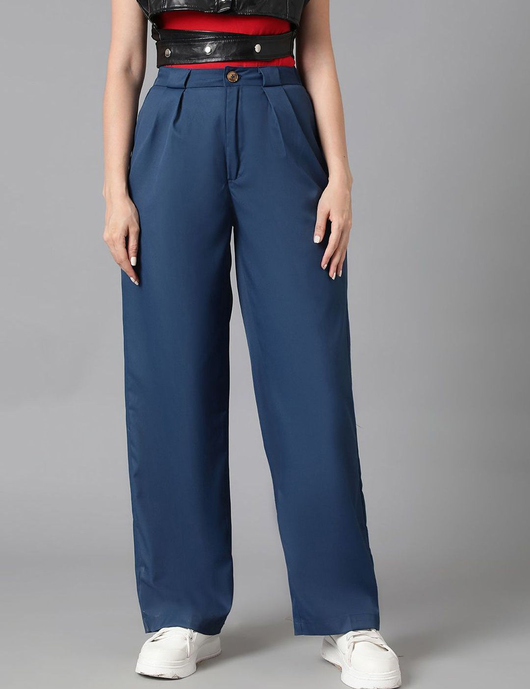 KOTTY BIZwear Women Blue Straight Fit High-Rise Easy Wash Cotton Regular Trousers