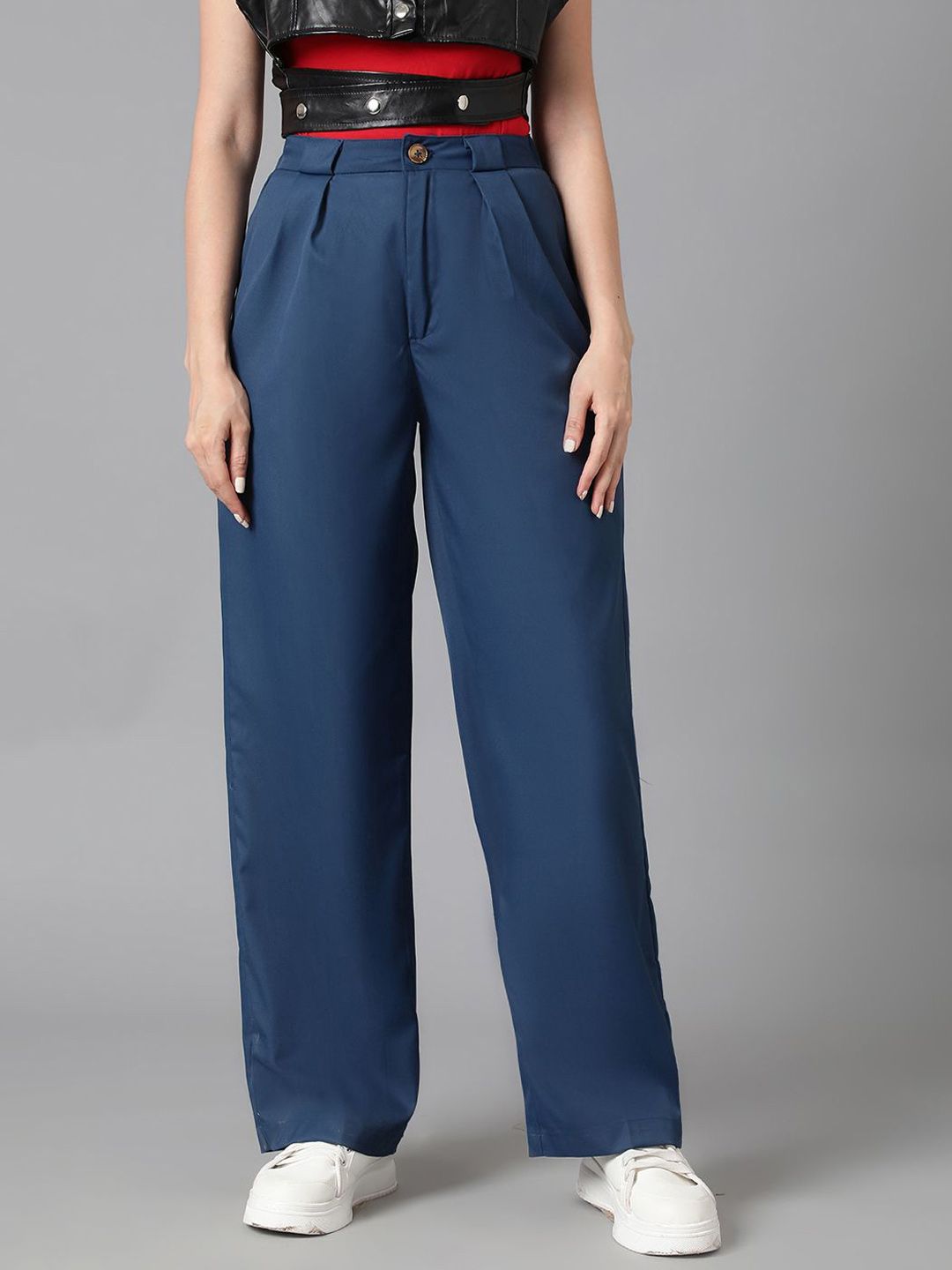 KOTTY BIZwear Women Blue Straight Fit High-Rise Easy Wash Cotton Regular Trousers