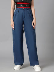 KOTTY BIZwear Women Blue Straight Fit High-Rise Easy Wash Cotton Regular Trousers