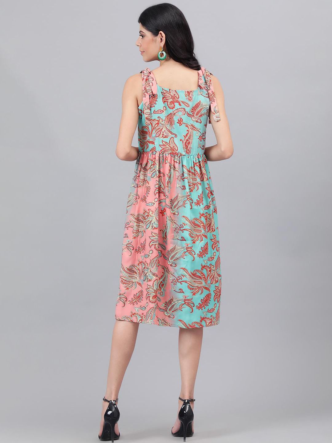 Kotty Pink And Sea Green Paisley Ethnic Print Fit & Flare Midi Dress