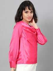 Kotty Pink Cowl Neck Cuffed Sleeve Satin Regular Top