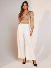 Kotty Brown Cuff Sleeves Satin Top