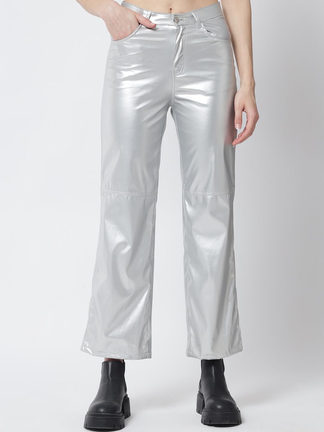 Kotty Women Silver-Toned Relaxed Straight Fit Trousers
