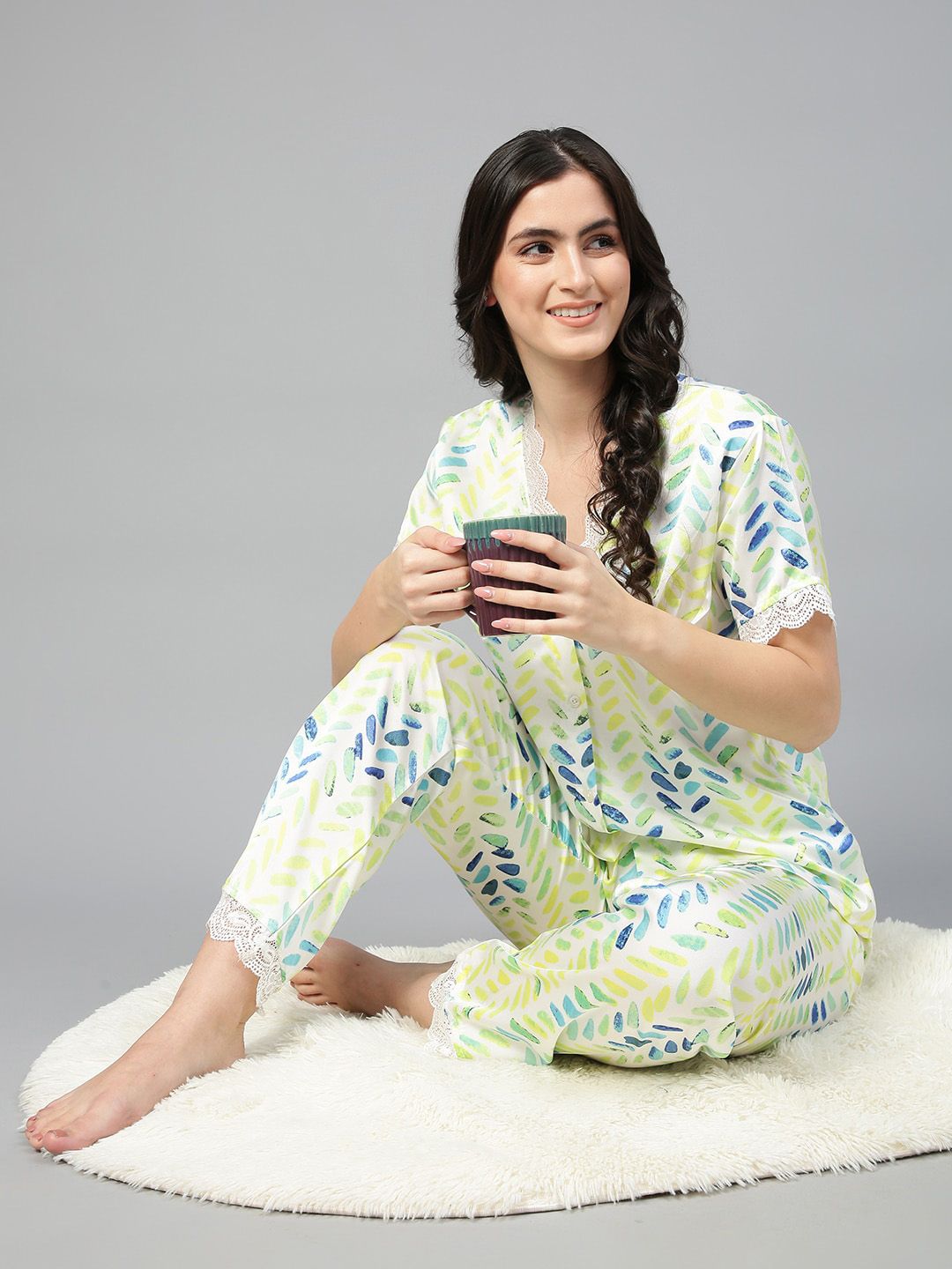 Kotty Floral Printed Satin Night Suit