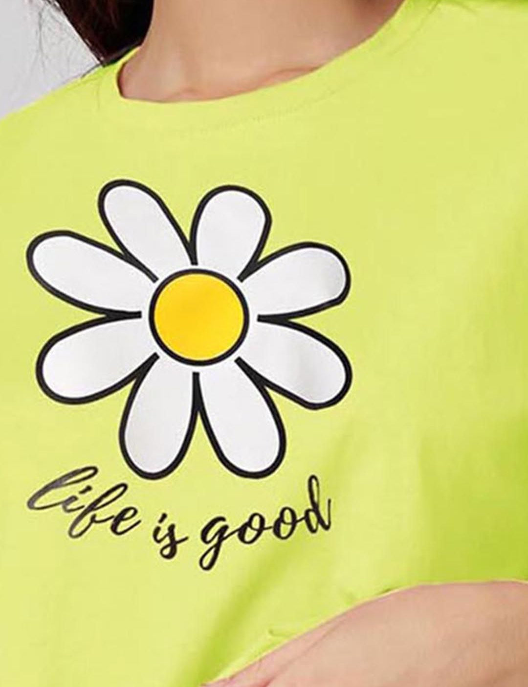 Kotty Yellow Floral Printed Round Neck Drop-Shoulder Sleeves Oversized Crop T-shirt