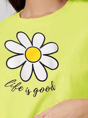 Kotty Yellow Floral Printed Round Neck Drop-Shoulder Sleeves Oversized Crop T-shirt