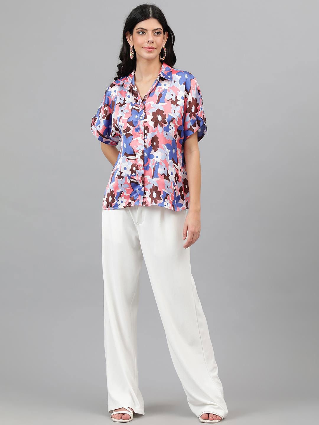 Kotty White & Blue Floral Printed Satin Shirt Style Top