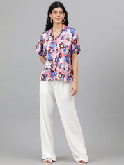 Kotty White & Blue Floral Printed Satin Shirt Style Top