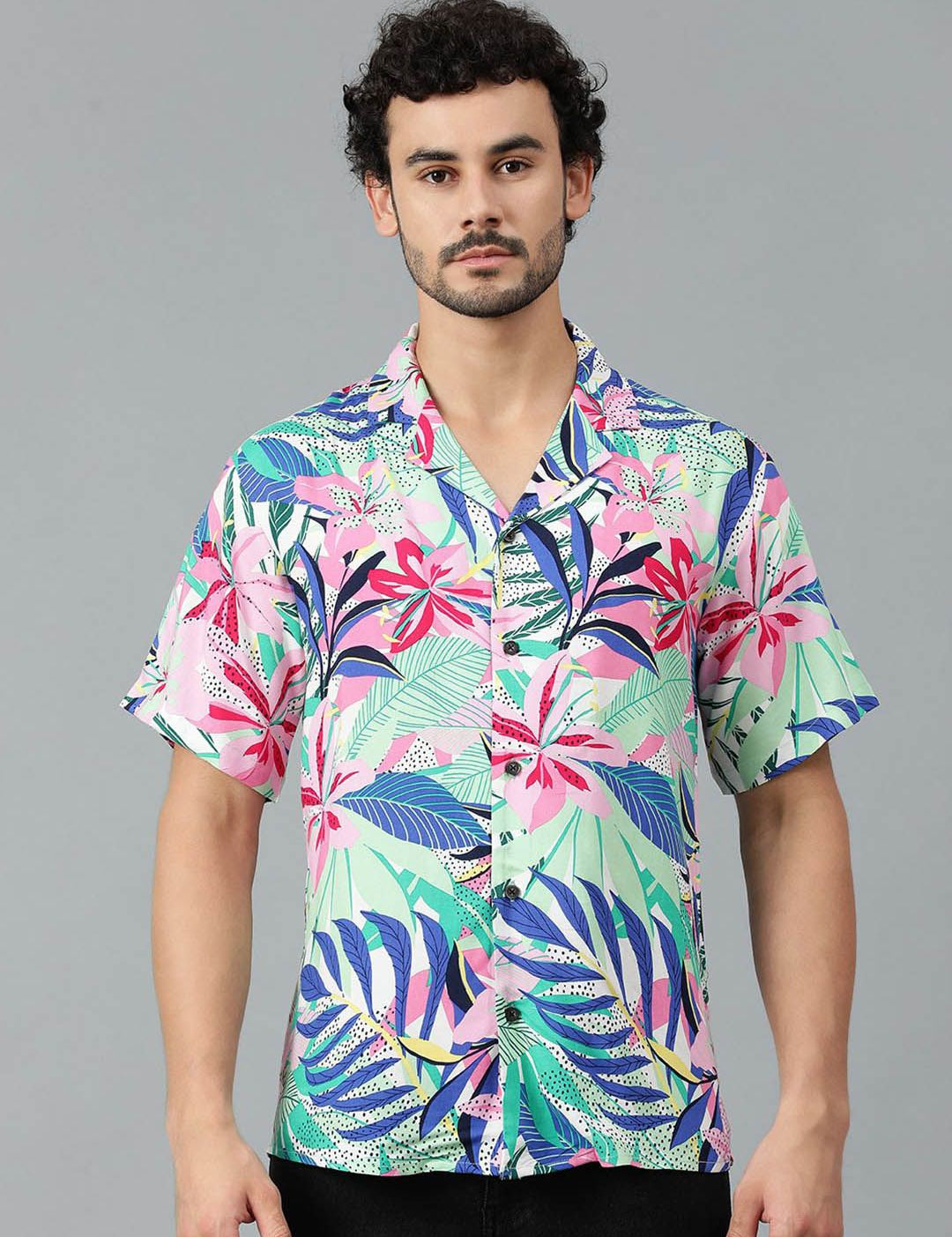 Kotty Men Cuban Collar Floral Printed Casual Shirt