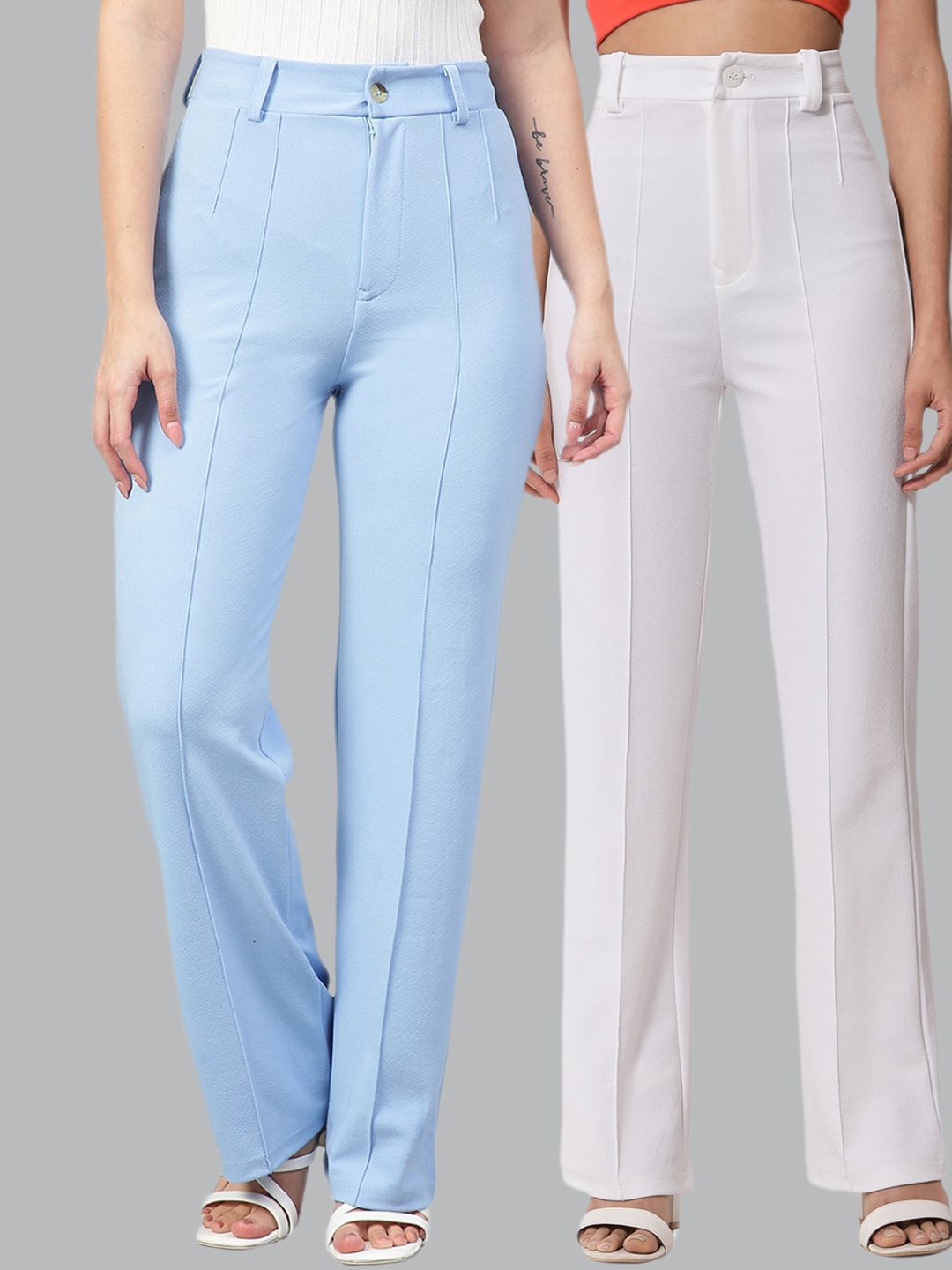 Kotty Women Pack Of 2 Relaxed Straight Leg Fit High-Rise Easy Wash Trousers