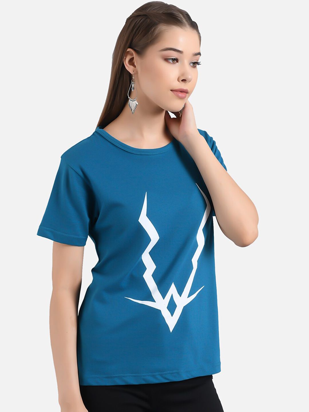 Kotty Women Blue Printed Round Neck T-shirt