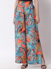 Kotty Women Blue Floral Printed Relaxed Flared High-Rise Easy Wash Pleated Trousers