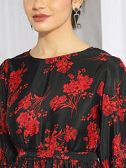 Kotty Black & Red Floral Printed Fit & Flare Midi Dress With Belt