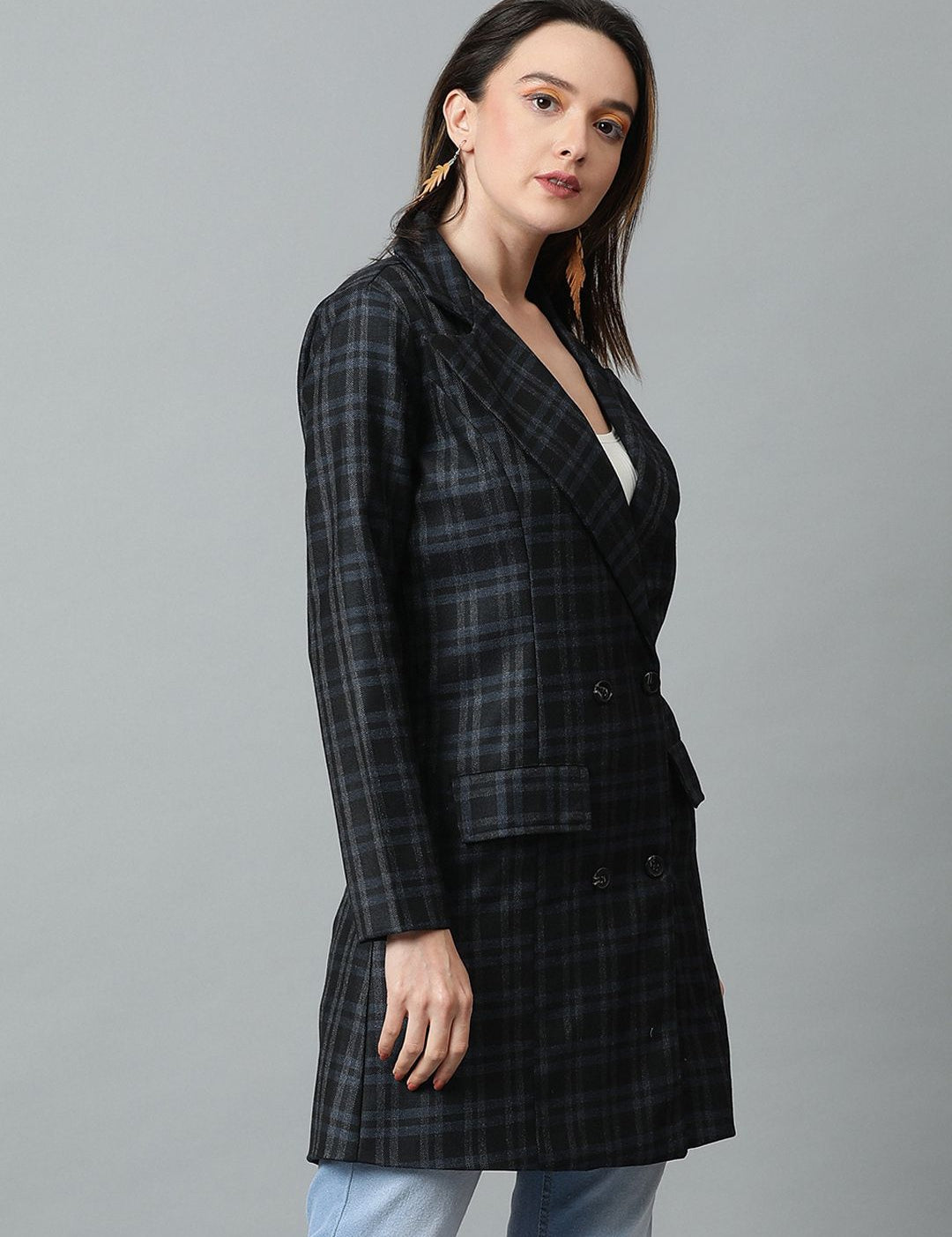 KOTTY BIZwear Black Checked Double-Breasted Overcoat
