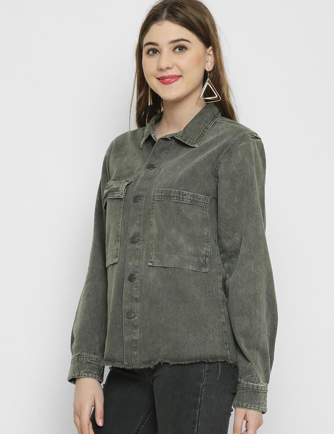 Kotty Women Olive Green Solid Denim Jacket