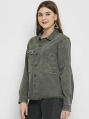 Kotty Women Olive Green Solid Denim Jacket